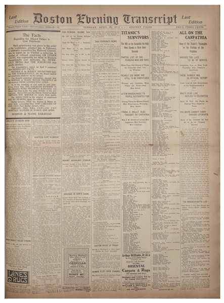 Titanic Newspaper Coverage in 2 Months of ''The Boston Evening Transcript'' From 1 March-30 April 1912 -- Includes Over 3 Dozen Titanic Ads Before the Sinking & a ''Titanic Disaster Special'' Issue